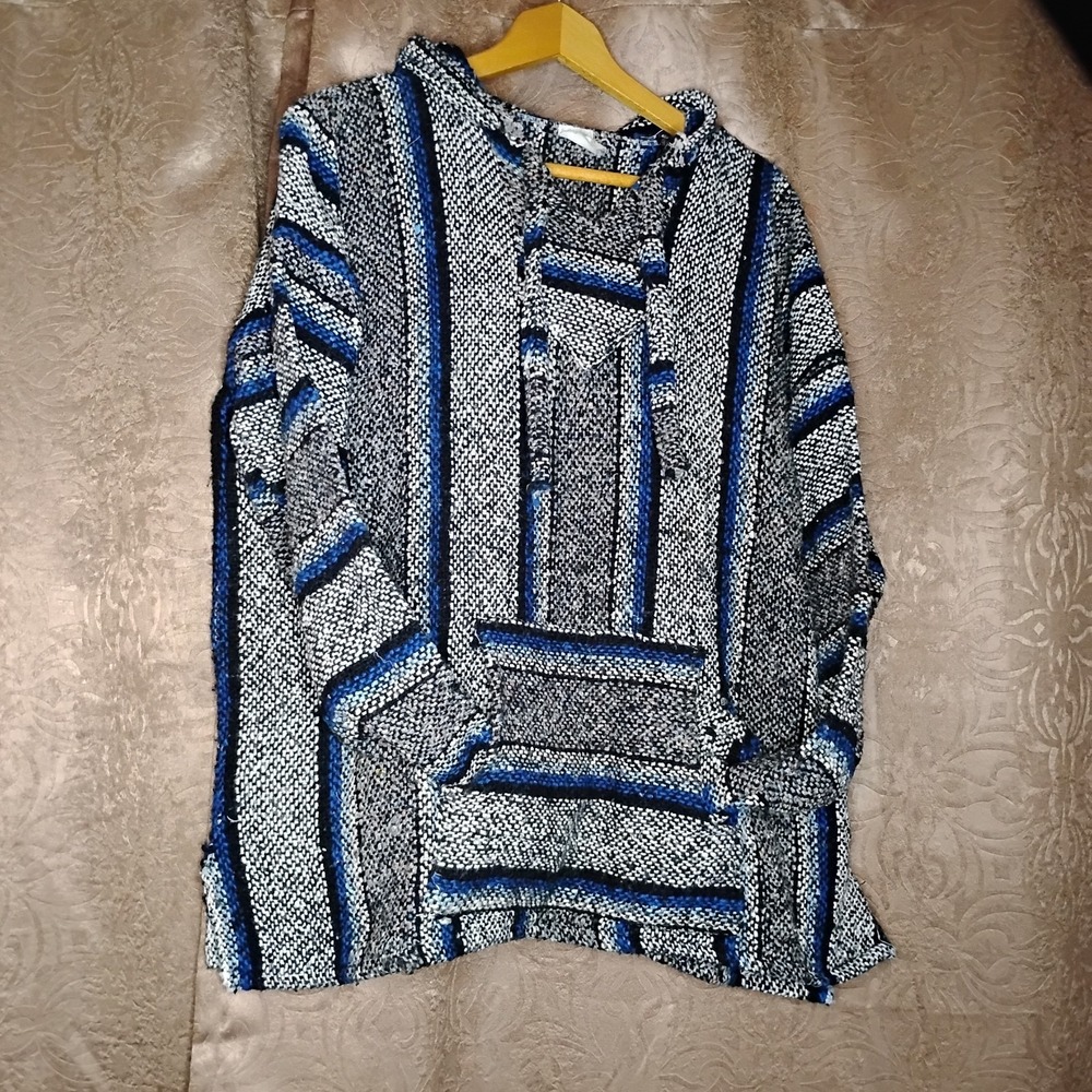 BAJA Hoodie Men XL Blue Black Gray Striped Hooded‎ Pullover Vintage Y2K - 7
